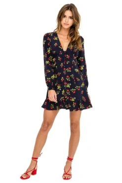 Long Sleeve Button Front Ruffle Dress -Dresses Sales Store ACDR100262 NAVY CHERRY PRINT 01