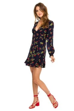 Long Sleeve Button Front Ruffle Dress -Dresses Sales Store ACDR100262 NAVY CHERRY PRINT 02