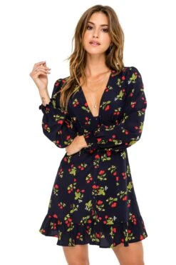 Long Sleeve Button Front Ruffle Dress -Dresses Sales Store ACDR100262 NAVY CHERRY PRINT 04