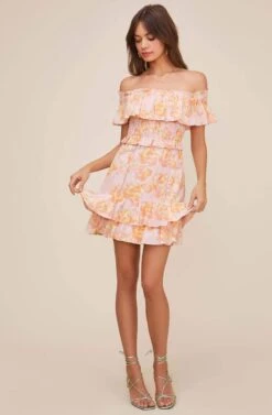 Riviera Floral Off Shoulder Dress -Dresses Sales Store ACDR100602 PINK PAPAYA FLORAL 1