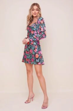 Miriam Long Sleeve Floral Mini Dress -Dresses Sales Store ACDR100782BS PINK REDSATINFLORAL 2
