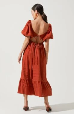 Arizona Puff Sleeve Cutout Midi Dress -Dresses Sales Store ACDR100918 RUST 3