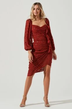 Athens Ruched Puff Sleeve Burnout Midi Dress -Dresses Sales Store ACDR100930B RUST 1