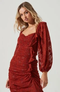 Athens Ruched Puff Sleeve Burnout Midi Dress -Dresses Sales Store ACDR100930B RUST 4