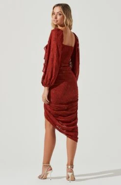 Athens Ruched Puff Sleeve Burnout Midi Dress -Dresses Sales Store ACDR100930B RUST 5