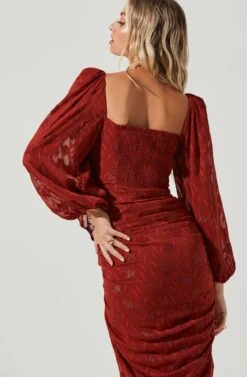 Athens Ruched Puff Sleeve Burnout Midi Dress -Dresses Sales Store ACDR100930B RUST 6