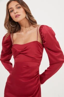 Claudina Rhinestone Embellished Satin Long Sleeve Midi Dress -Dresses Sales Store ACDR100964 FUCHSIA 3