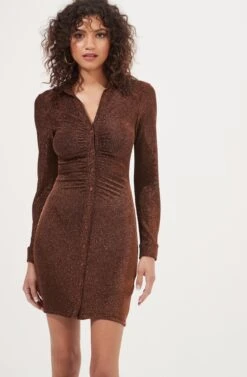 Ambel Metallic Ruched Button Down Mini Dress -Dresses Sales Store ACDR101026 COPPER 2