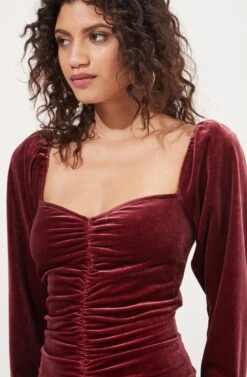Ellsmere Velvet Rouched Long Sleeve Mini Dress -Dresses Sales Store ACDR101030 CRANBERRY 4