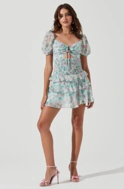 Garland Floral Front Cutout Puff Sleeve Mini Dress