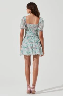 Garland Floral Front Cutout Puff Sleeve Mini Dress -Dresses Sales Store ACDR101055SLM MINTMULTIFLORAL 0970