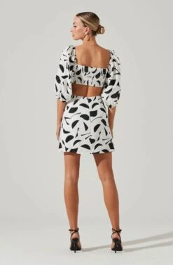 Heather Abstract Print Cutout Bubble Sleeve Mini Dress -Dresses Sales Store ACDR101096 BLACKABSTRACT 5