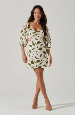 Heather Abstract Print Cutout Bubble Sleeve Mini Dress -Dresses Sales Store ACDR101096 GREENABSTRACT 1