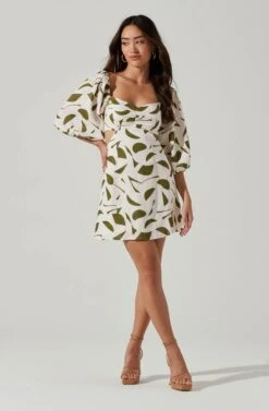 Heather Abstract Print Cutout Bubble Sleeve Mini Dress -Dresses Sales Store ACDR101096 GREENABSTRACT 2