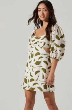 Heather Abstract Print Cutout Bubble Sleeve Mini Dress -Dresses Sales Store ACDR101096 GREENABSTRACT 3