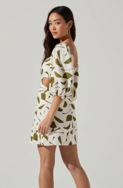Heather Abstract Print Cutout Bubble Sleeve Mini Dress -Dresses Sales Store ACDR101096 GREENABSTRACT 6