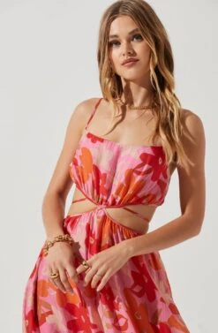 Sanger Floral Cutout Midi Dress -Dresses Sales Store ACDR101144 PINKREDMULTIFLORAL 0598