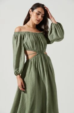 Cassian Off Shoulder Cutout Tie Waist Midi Dress -Dresses Sales Store ACDR101154 SAGE 2