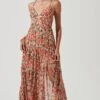 Tropics Plunge Neck Pleated Open Back Maxi Dress