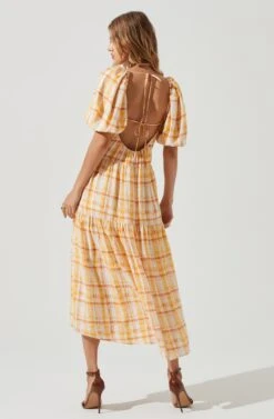 Ilana Plaid Puff Sleeve Tiered Midi Dress -Dresses Sales Store ACDR101194L ORANGEYELLOWPLAID 0149