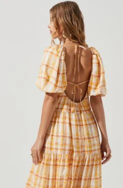 Ilana Plaid Puff Sleeve Tiered Midi Dress -Dresses Sales Store ACDR101194L ORANGEYELLOWPLAID 0154
