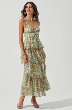 Midsummer Floral Tiered Maxi Dress -Dresses Sales Store ACDR101226B GREENORANGEMULTIFLORAL 0719