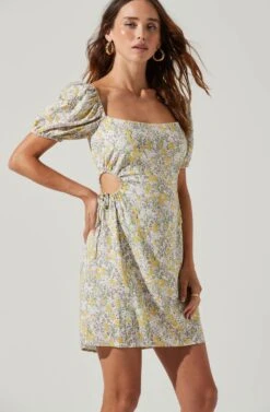 Talula Floral Side Cutout Puff Sleeve Mini Dress -Dresses Sales Store ACDR101242B YELLOWMULTIFLORAL 5