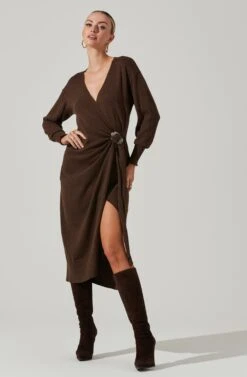 Mazzy Long Sleeve Wrap Midi Dress -Dresses Sales Store ACDR101327 BROWN 10021