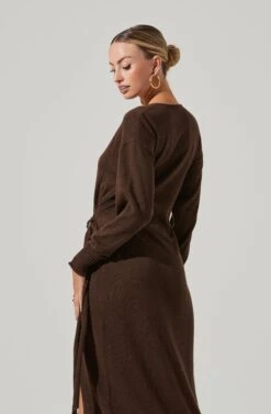 Mazzy Long Sleeve Wrap Midi Dress -Dresses Sales Store ACDR101327 BROWN 10111