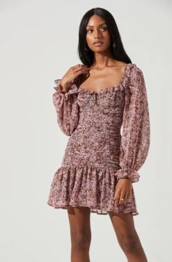 Carmella Sweetheart Ruched Long Sleeve Mini Dress -Dresses Sales Store ACDR101356 BLACKPINKFLORAL 1362