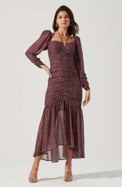 Athena Floral Ruched Long Sleeve Midi Dress -Dresses Sales Store ACDR101357 BROWNPURPLEDITSY 1