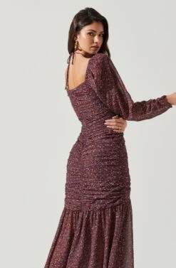 Athena Floral Ruched Long Sleeve Midi Dress -Dresses Sales Store ACDR101357 BROWNPURPLEDITSY 3