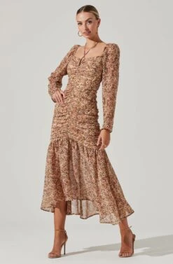 Athena Floral Ruched Long Sleeve Midi Dress -Dresses Sales Store ACDR101357 OLIVEPEACHFLORAL 07801