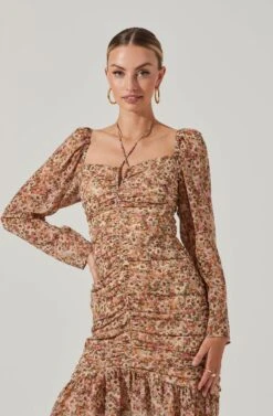 Athena Floral Ruched Long Sleeve Midi Dress -Dresses Sales Store ACDR101357 OLIVEPEACHFLORAL 07841