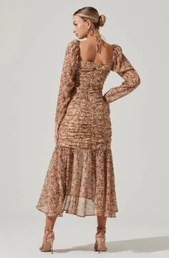 Athena Floral Ruched Long Sleeve Midi Dress -Dresses Sales Store ACDR101357 OLIVEPEACHFLORAL 07871