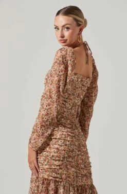 Athena Floral Ruched Long Sleeve Midi Dress -Dresses Sales Store ACDR101357 OLIVEPEACHFLORAL 07901