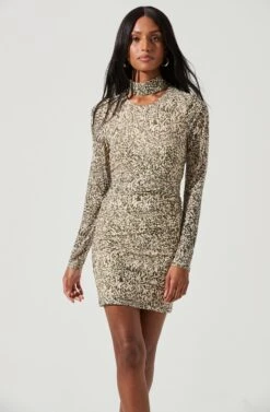 Bryn High Neck Cutout Long Sleeve Mini Dress -Dresses Sales Store ACDR101363 OLIVECREAMCOMBO 1687