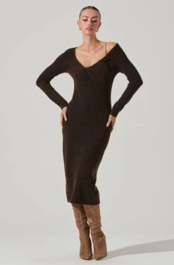 Naya Asymmetrical Shoulder Sweater Midi Dress -Dresses Sales Store ACDR101368 BROWN 13621