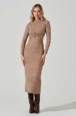 Kenna Mock Neck Twist Front Cutout Midi Dress -Dresses Sales Store ACDR101430 TAUPE 1