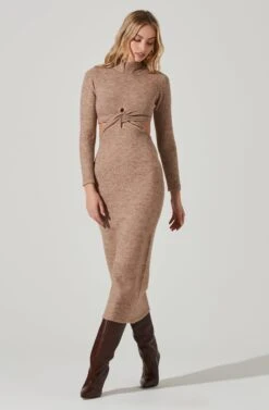 Kenna Mock Neck Twist Front Cutout Midi Dress -Dresses Sales Store ACDR101430 TAUPE 2