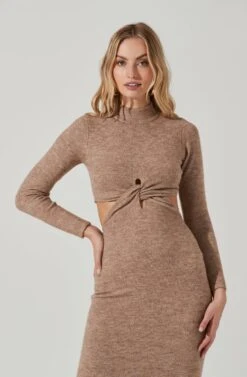 Kenna Mock Neck Twist Front Cutout Midi Dress -Dresses Sales Store ACDR101430 TAUPE 3