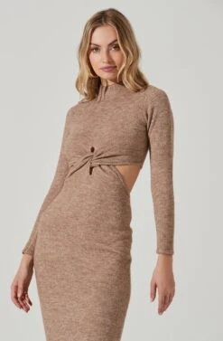 Kenna Mock Neck Twist Front Cutout Midi Dress -Dresses Sales Store ACDR101430 TAUPE 4
