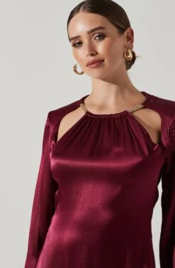 Carina Satin Chain Link Long Sleeve Mini Dress -Dresses Sales Store ACDR101441 WINE 3