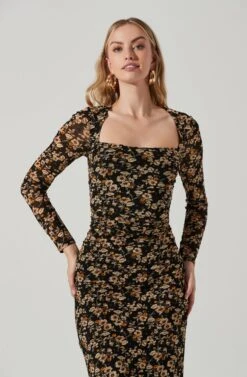 Hyacinth Floral Square Neck Midi Dress -Dresses Sales Store ACDR101447 BLACKYELLOWGOLD 2