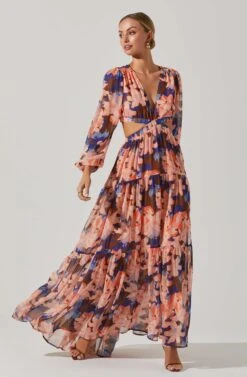 Lively Floral Cutout Long Sleeve Maxi Dress -Dresses Sales Store ACDR101496 BROWNCORALFLORAL 1