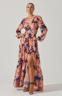 Lively Floral Cutout Long Sleeve Maxi Dress -Dresses Sales Store ACDR101496 BROWNCORALFLORAL 2