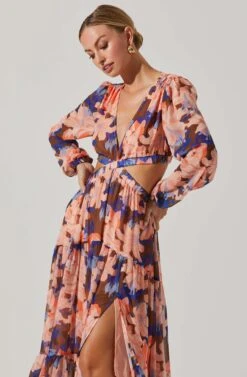 Lively Floral Cutout Long Sleeve Maxi Dress -Dresses Sales Store ACDR101496 BROWNCORALFLORAL 4