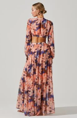 Lively Floral Cutout Long Sleeve Maxi Dress -Dresses Sales Store ACDR101496 BROWNCORALFLORAL 6
