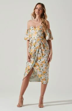 Zurina Floral Off Shoulder Midi Dress -Dresses Sales Store ACDR101549 BLUEAPRICOTFLORAL 1