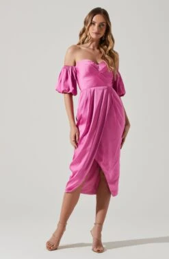 Zurina Off Shoulder Puff Sleeve Midi Dress -Dresses Sales Store ACDR101549 PINK 1